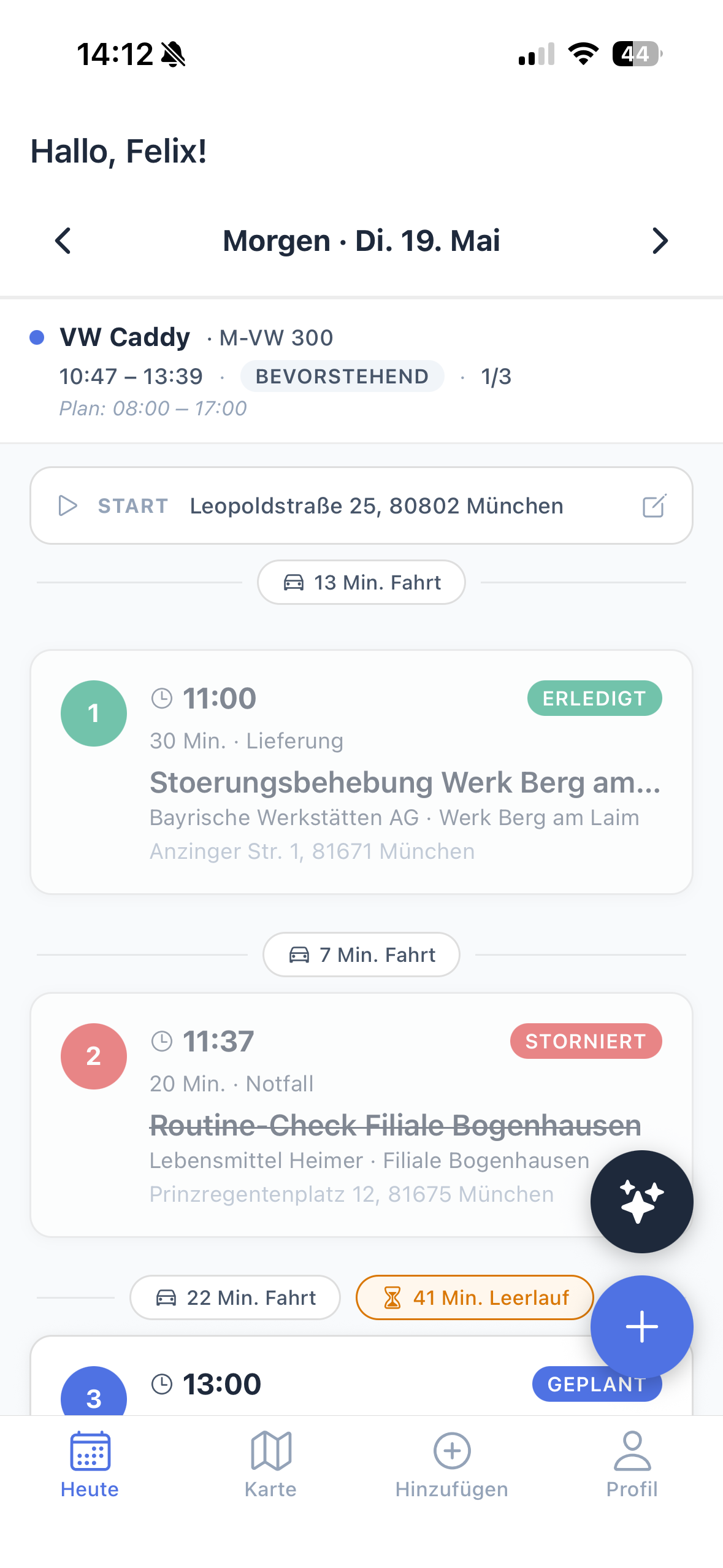 Trailo Fahrer-App, Heute-Ansicht