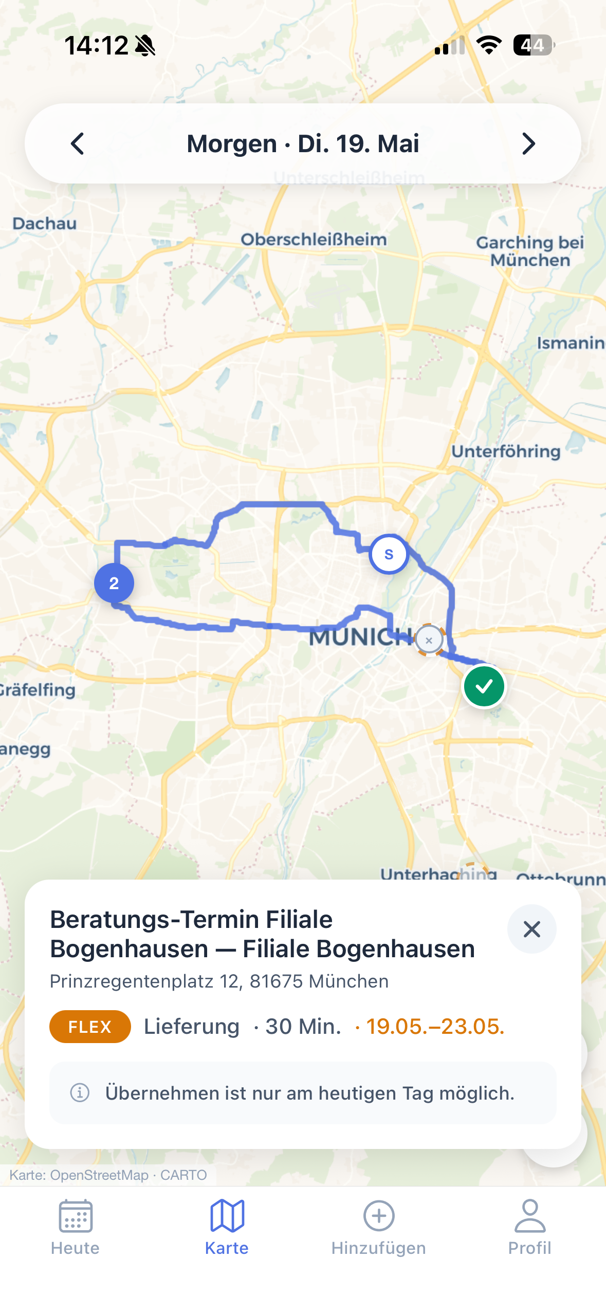 Trailo Fahrer-App, Kartenansicht mit Route