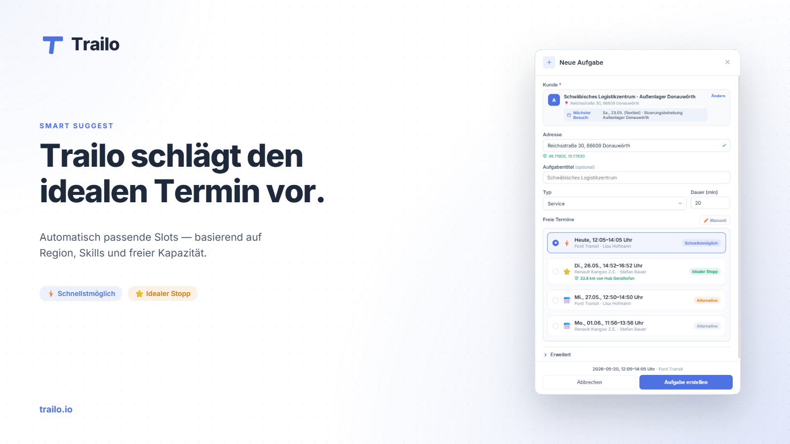 Trailo Smart Suggest — Headline „Trailo schlägt den idealen Termin vor