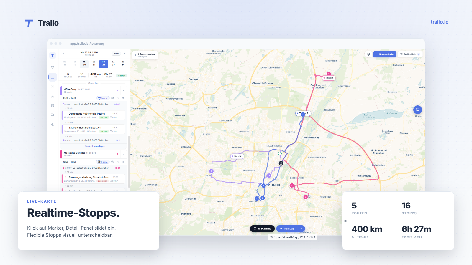 Trailo Live-Karte — Headline „Realtime-Stopps