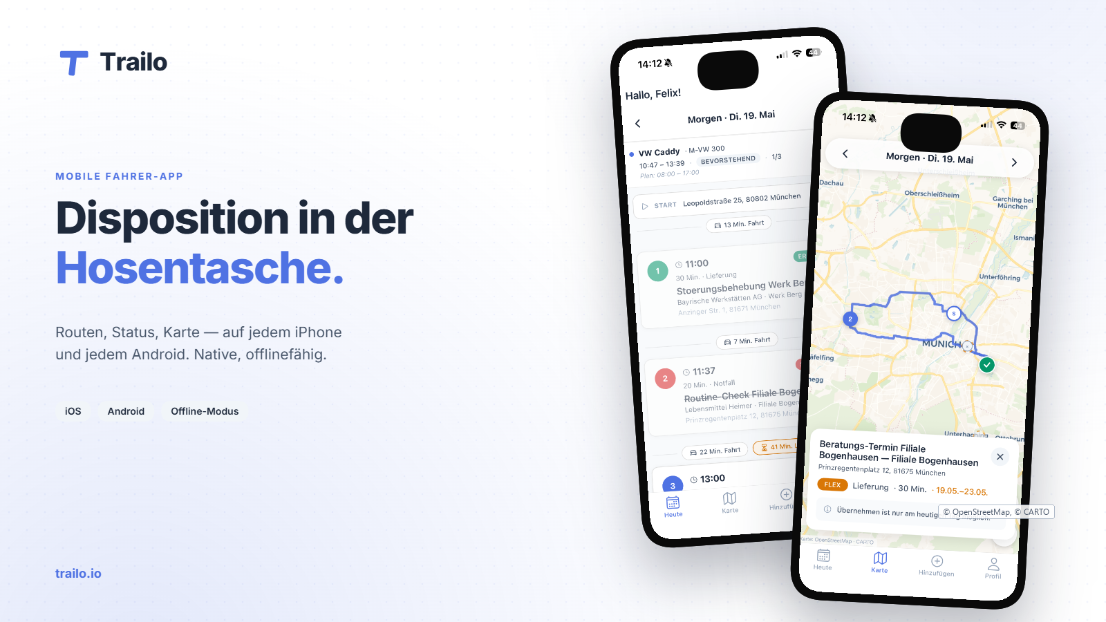 Trailo Mobile Fahrer-App — Headline „Disposition in der Hosentasche