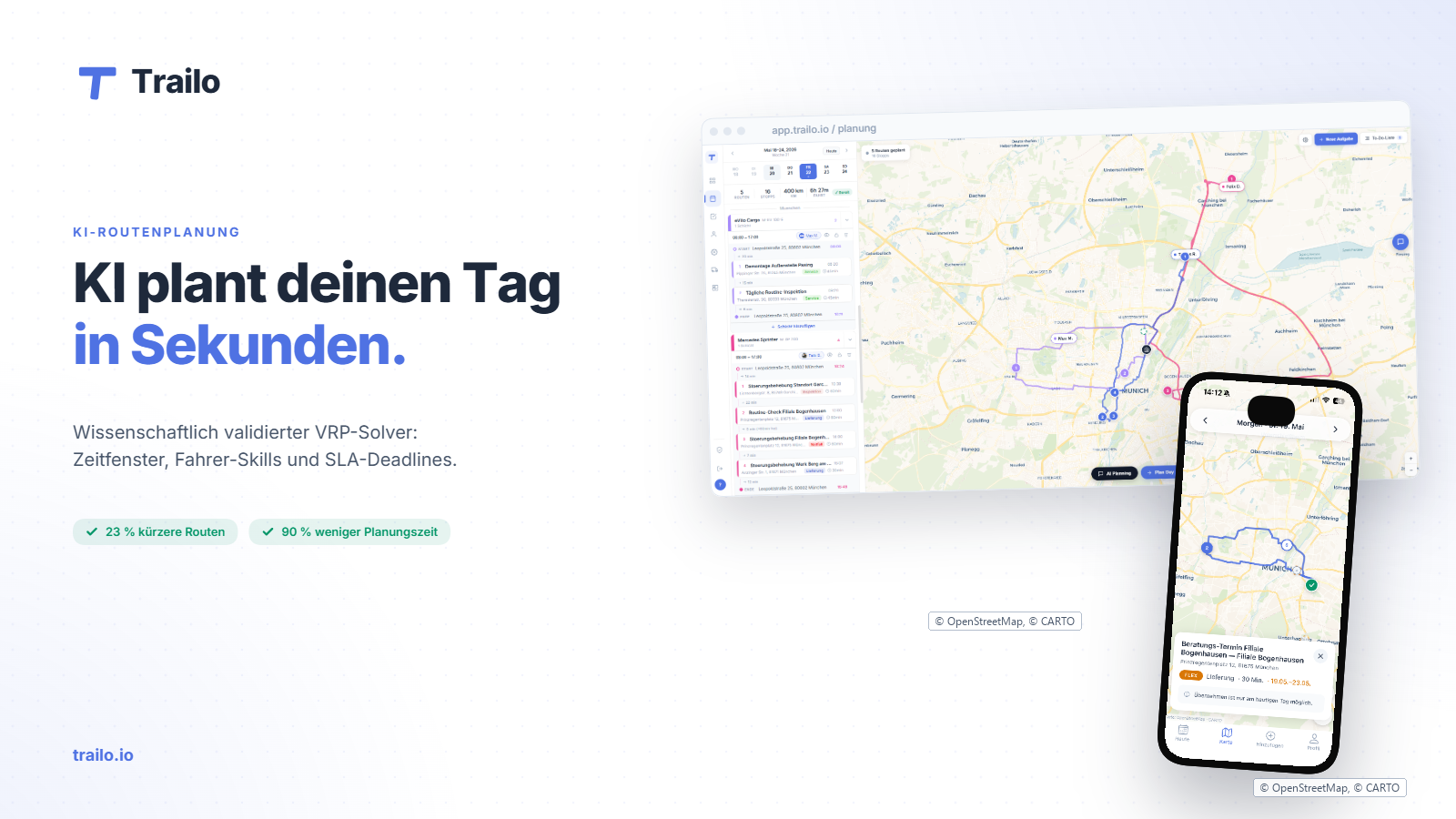 Trailo Routenplanung — Headline „KI plant deinen Tag in Sekunden