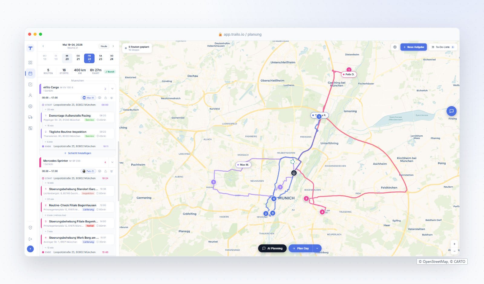 Trailo Web-Plattform im Browser-Frame, Karte und Touren sichtbar