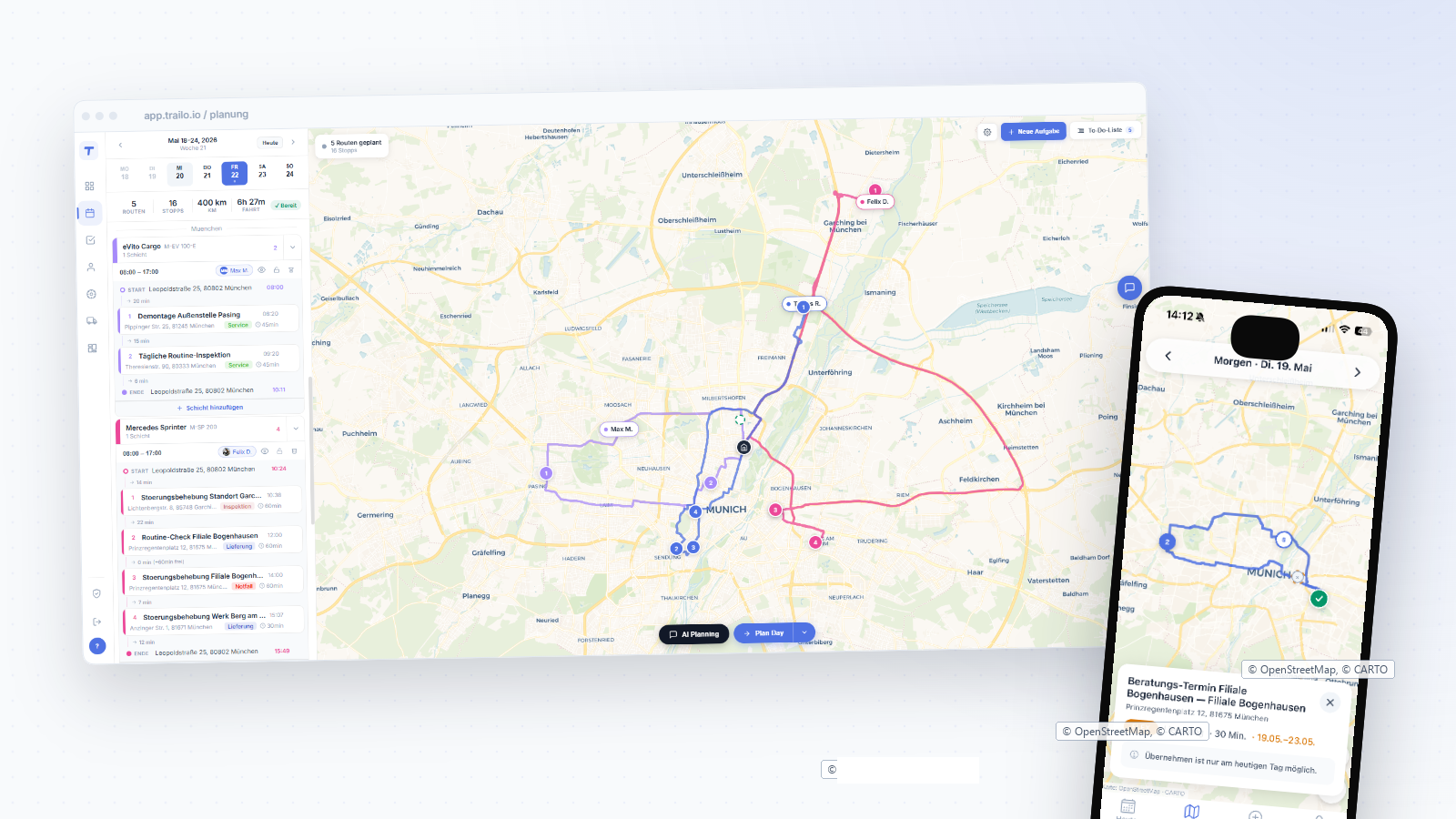 Trailo Disposition Web-Plattform und Fahrer-App nebeneinander